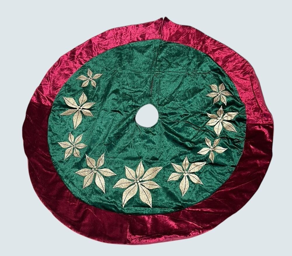 Christmas Tree Skirt 38” Velvet Red Green Gold Glitter Poinsettias Holiday Decor